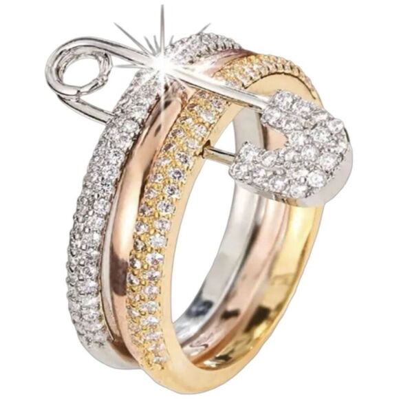 NWT Gorgeous Ring Sz 8 tricolor Gold,Silver,Rose Gold/Bronze Security Pin Ring!! - Picture 1 of 14
